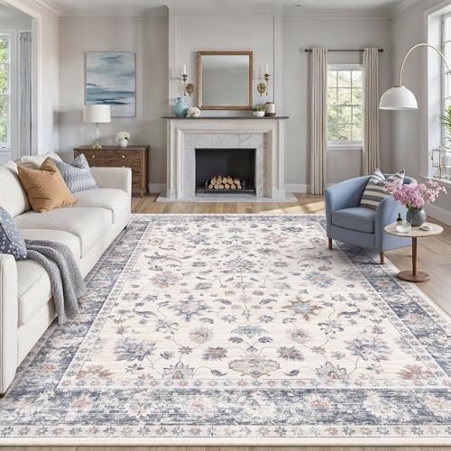 PureCozy Blu Tappeto Salotto 200x300cm Camera da Letto Lavabile in Lavatrice Grandi Tappeti Sala Soggiorno Ufficio Moderno Floreale Carpet Pelo Corto Antiscivolo Rug