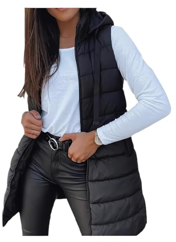 Chaleco largo de plumas for mujer, chaqueta gruesa con capucha, sin mangas, for invierno(Black,M)