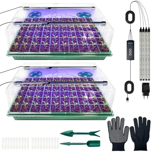 VEEKAY Vassoio Germinazione,2 Pezzi 120 Cellule Con Luce Solare A Spettro Completo Kit,Luminosità Regolabile e Regolatore di Temporizzazione,Umidità Regolabile,Con Etichette Per Piante