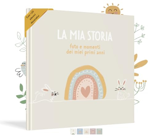 HuBorns - Album Nascita per Incollare Foto e Scritte con +50 Pagine e Adesivi, Album Fotografico Neonato per il Primo Anno fino a 5 Anni, Ideale per Regalo Nascita Bambina e Bambino