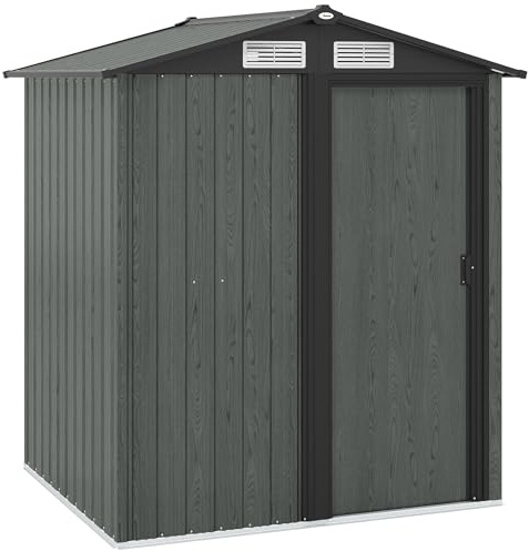 Outsunny Casetta da Giardino 1.7m² in Acciaio Zincato con kit Fondazione, Capanno da Giardino Porta Attrezzi con Tetto Inclinato, 4 Prese d'Aria, Porta Scorrevole, 152x132x188 cm, Grigio Effetto Legno
