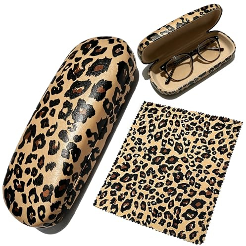 Apexrich Leopard Print Glasses Case for Women, Hard Shell Eyeglasses Case Protective Case for Glasses, Fashionable Glasses Case with Cleaning Cloth