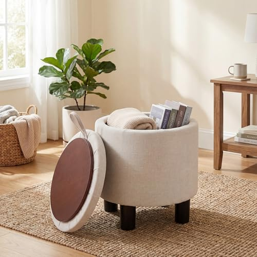 RELAX4LIFE Pouf Rangement Rond 48 L avec Couvercle Réversible Effet Bois | Repose-Pieds en Tissu Lin, Tabouret Rangement pour Coiffeuse, Salon, Chambre et Entrée, Charge 160 kg, 38 x 44 cm