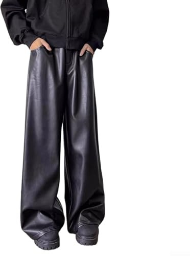 Pantalones retro de piel sintética para hombre, pierna ancha, gótico, punk, ropa urbana, hip hop, sueltos, rectos, hasta el suelo, pantalones largos casuales para las cuatro estaciones (L negro)