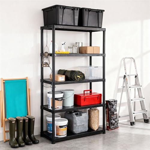 Taylor & Brown 5 Tier Wide Heavy Duty Black Plastic Garage Storage Shelving 250kg Total Load Capacity 90cm Wide Shelves Shed Shelf Unit Home Office Pantry Workshop Racking (90 x 40 x 180cm)