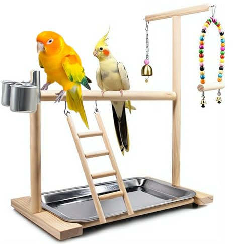 Bird Playground Parrot Playstand, Stand Fun Straw Bell Toys, Ladder Hanging Swing Chew Exercise Toys, for Conure Macaw Cockatiel Finch Small Animals