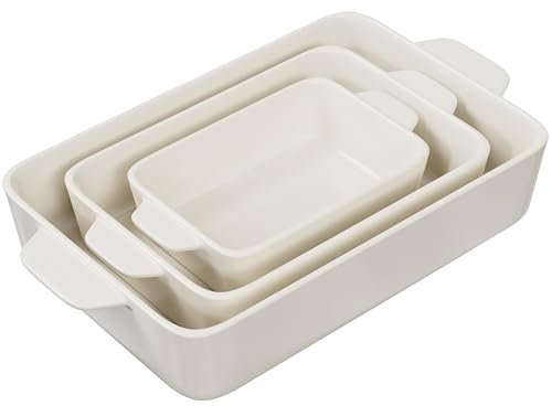 Kook Ceramic Bakeware Set, Rectangular Baking Dishes, For Casseroles, Lasagna, Cake, Small, Medium & Large Pans, Microwave & Dishwasher Safe, Set of 3, (Ivory)