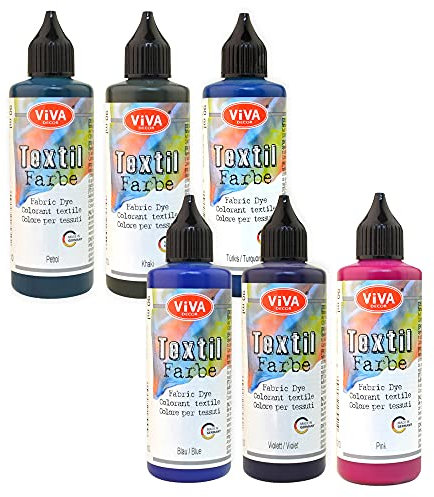 Viva Decor Fabric dye Textilfarbe Set 6 x 90 ml (Indigo Love) Tie dye, Färbemittel Textilien, Stofffarben Waschfest, Textilfarbe Batikfarben waschmaschinenfest für Kinder und Erwachsene