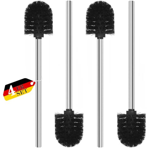 Topsky Scopino Bagno WC con manico in acciaio inox, set di 4 pezzi spazzolone WC, ideale per la pulizia del bagno (Nero)
