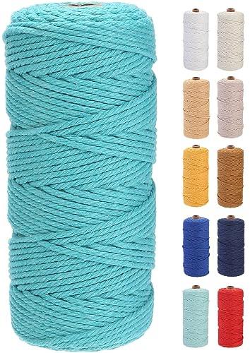 GOHOF Macrame Cord 3mm x 100m Premium Cotton Macrame Rope, 4 Strand Twisted Soft Cotton Cord, One of The Most Perfect Materials for Macrame Art, Cotton String Without Chemicals(Lake Green)