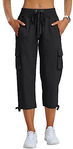 MoFiz Pantalones Cargo Mujer Capri Pantalón 3/4 Largo Ligero Verano Outdoor Pantalones de Senderismo Transpirable con Bolsillo Cremallera Negro XXL