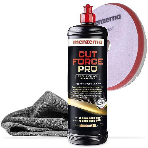 Menzerna Cut Force Pro Auto Politur Set 1000ml 3in1 |All in One Autopolitur zum Kratzer entfernen |Profi One Step Polierpaste Schleifpaste |alle Lackarten + Orbital Wool Polierpad + Poliertuch 380GSM
