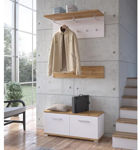 Lomadox Garderoben-Set 3-teilig mit Schuhbank in weiß mit Eiche | Flurgarderobe im modernen Stil