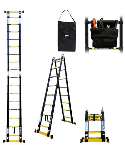 Escabeau-échelle télescopique Woerther Double Fonctions / 3m80-1m90 / avec Housse et Sac Porte Outils/modèle grafitek, en Graphite et Aluminium 7175t6 / avec 2 Barres stabilisatrices/Garantie 5 Ans