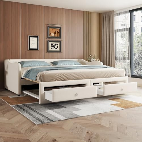 Cama de día con cama nido, sofá cama con dos cajones, cama individual (sin colchón), lino, estilo minimalista (beige)