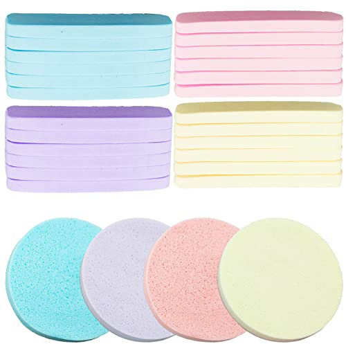 48Pcs Facial Sponges, Colorful Cleansing Puff Mask Sponges,Compressed Face for Daily Cleansing, Cellulose Face Sponge for Men Women Massage Makeup Removal (Blue,Pink,Purple,Yellow)