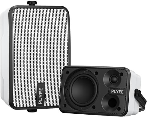 Plyee Audio Altavoces Bluetooth 400W Exteriores, Impermeables IPX5, Graves Potentes, Sincronización Inalámbrica con 100 Altavoces, Montaje en Pared para Patio, Porche, Gazebo, Par, Blanco(MZ-621)