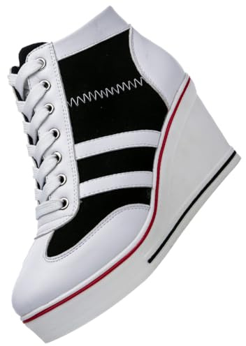 rismart Femme Toile Baskets à Talon Compensé Plate-Forme Chaussures Hautes Décontractées, Noir Blanc, 38.5 EU