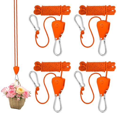 4 Stück Ratchet Hanger, 1/8 Zoll Verstellbare Seilratsche mit Haken, 2M Einstellbare Seilratsche, 4 mm Reflektierende Abspannseile, Seilspanner für Pflanzenventilator Licht Zimmerpflanzen Sonnensegel