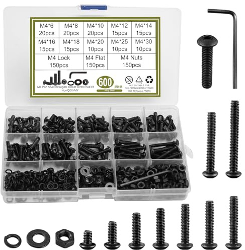 HonQiShiMY 600PCS Set di viti M4 da con dadi e rondelle esagonali, Viti a Testa Bombata con Esagono Incassato, Dadi e Bulloni a Esagonale Bussola Tonda, kit di assortimento di vite per macchina