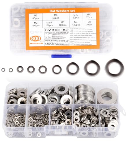 800 Pcs Stainless Steel Flat Washers for Screws, Metal Washer for Bolts, M2 M2.5 M3 M4 M5 M6 M8 M10 M12 Washers Assorted, Washer Hardware Assortment for Repair Home Construction