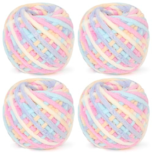 Reessy Chunky Yarn, 400g(4×100g) Chunky Wool for Knitting, Soft Fluffy Velvet Thick Yarn Set, Rainbow Plush Yarns for Crochet Blankets Sweaters Shoes Hats Scarves and Amigurumi(Rainbow)