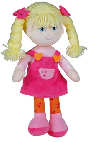 Schlenkerpuppe Hannah, ca. 30 cm groß, Stoffpuppe mit Zwei geflochtenen Zöpfen und pinkes Latzkleid, gestickte Augen, Nasen und Mund, Handwäsche, ab 0 Monate+