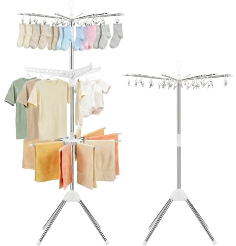 Foldable Clothes Drying Rack - 3 Tier Laundry Drying Rack, Portable Clothing rack with Rotating Clothes Rail with 30 Clips,10 towel sticks and 3 Rotatable Arms, Suitable for Flats and Small Rooms