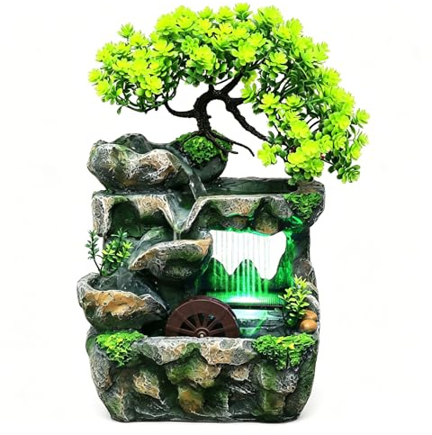 Zimmerbrunnen, Tischbrunnen mit LED Farbwechsel, Wasserfall Zimmerbrunnen mit Feng Shui Rad, Leise Tauchpumpe, Tischbrunnen Deko für Wohnzimmer Büro Schlafzimmer, Luftbefeuchtend 18x15x30 cm