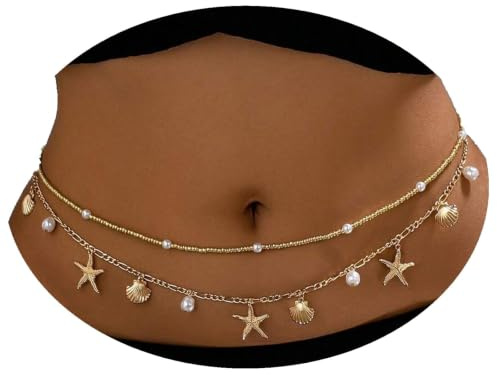 Papvera Waist Chain for Women Boho Gold Shell Starfish Pearl Belly Chain | Gold Fillled Metal Resin Beachy Waist Bead Body Chain Jewelry Beach Vacation Summer Party Surfing Jewelry Outfits Accessories