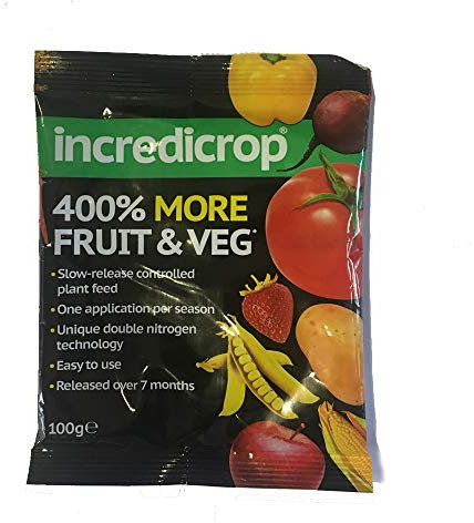Incredicrop Fertiliser 400% More Fruit and Veg Granules with Balanced Nutrients, 100g Incredicrop Fruit and Veg Fertiliser Packet by Thompson and Morgan