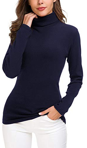 EXCHIC Mujer Casual Ajustado Cuello Alto Jerséis Camisa Manga Larga Elástico Pullover (XL, Azul Marino)