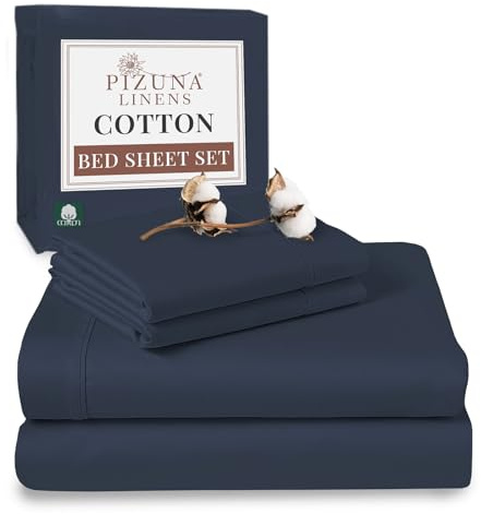 Pizuna 100% Cotton Double Bed Sheet Set Dark Blue 400 Thread Count | 400 Thead Count Long Staple Cotton Bedding, 230x280 cm, Soft Sateen 4 Pc - Fitted Sheet & 2 Pillowcases