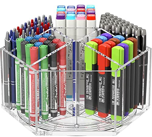 NIUBEE Acrylic Pen Pencil Holder 7 Compartments, Crayon Organizer, Multi-capacity Marker Storage Art Supply Organizer, 360° Rotating Clear Pencil Cup