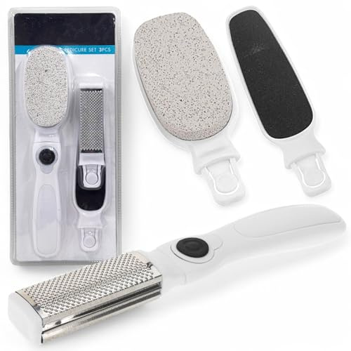 MIJOMA Pedikyrset i 4 delar, fotvårdsset med ergonomiskt handtag och 3 tillbehör för borttagning av förhårdnader, fotfil och pimpsten för släta fötter, perfekt för hem och resor (vit)