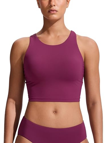 CRZ YOGA Racerback Bikini Tops for Women - Padded High Neck Modest Swim Sports Bathing Bra Fuchsia Medium