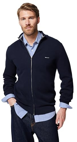 GANT Herren Cotton Pique Zip Cardigan Strickjacke, Evening Blue, L EU