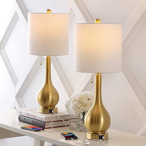 Eyely EYL1127C-SET2 Kyle 24 Gourd Iron LED Table Lamp, Pull-Chain, Dual USB Charging Port, Farmhouse, Classic, Modern, Traditional for Bedroom, Living Room, Office, Brass Gold, Set of 2