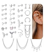 FIOROYAL 𝟐𝟕𝐏𝐜𝐬 16G Cartilage Earrings Helix Piercing Jewellery for Women Hypoallergenic Stainless Steel Tragus Earrings Flat Back Star Moon Flower Snake CZ Hoop Chain Daith Tragus Earrings S