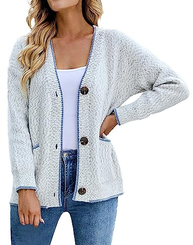 L9WEI Chaquetas de punto para mujer, elegante chaqueta de punto con V con bolsillos y botones, manga larga, cálido cardigan abierto por delante, casual, tallas grandes, chaqueta de otoño, gris, M