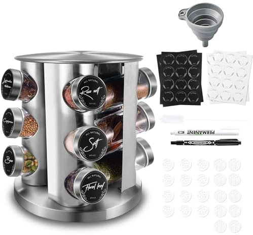 Miorkly Rundes Gewürzregal Drehbar Edelstahl,360° Gewürzkarussell Mit 12 Gewürzgläser Rund, Gewürz Organizer,Gewürzständer Stehend,Gewürzdosen Mit Streueinsatz,Gewürzglas, Tags,Trichter,Markierstift