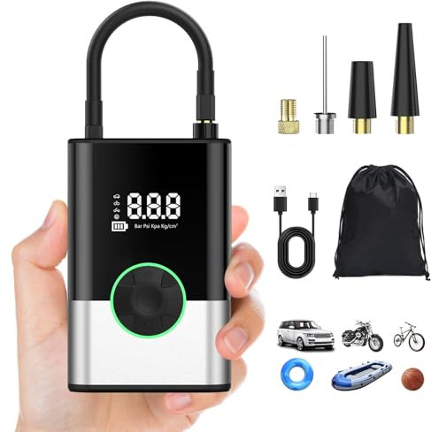 EVARYOO 6000mAh Mini Pompe à Air Électrique,Compresseur à Air Portatif Gonfleur Pneus sans Fil 150PSI avec écran LCD Numérique,Pompe à air Rechargeable pour Voiture,Vélo, Moto, Scoote, Balle