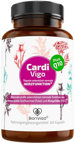 BonVigo CardiVigo Kapseln mit Q10 - Thiamin B1 unterstützt normale Herz-Funktion, Folat normalen Homocystein Stoffwechsel - Pflanzen Komplex Weißdorn Crataegutt, Rohkakao, Schwarzer Knoblauch (1)