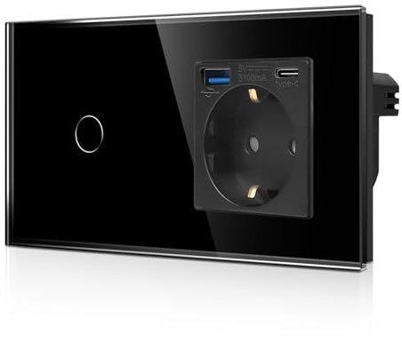 CNBINGO Glas Lichtschalter und USB Schuko Steckdose Unterputz (Typ-C und Typ-A 3,1 Amp / 20W Total) – Touch Lichtschalter mit LED Status – 1 Fach Schwarz