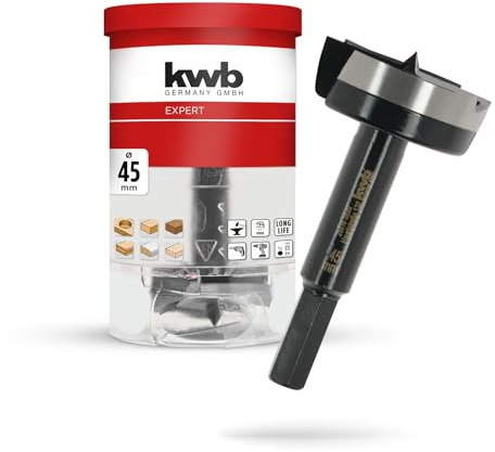 kwb Broca Forstner, 45 mm de diámetro, broca de copa (para madera, cabeza forjada, afilado especial, agujeros rápidos y sin desgarros, punta central rectificada en 4 lados, para destornilladores y