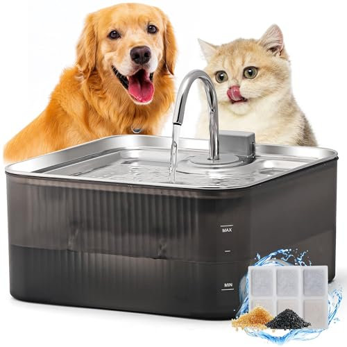 FUKUMARU Dog Water Fountain - 7L Ultra Quiet Pump (28.5dB) & 4-Stage Filter System Stainless Steel & ABS Kitty Water Fountains for Multi-Cat/Dog Homes, with 3 Filters