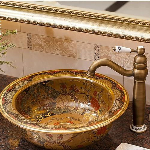 sjdoPulse Countertop Sink, Round Sink, Vintage Ceramic Countertop Sink Washbasin, Vanity Countertop Sink Dresser Vanity (C)