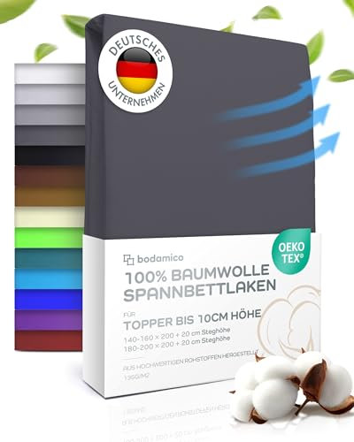 Bodamico Topper Spannbettlaken 180x200 cm - 100% Baumwolle Jersey für Boxspringbett Topper bis 10cm Höhe-Topper Bezug 180x200-135g/m2 Oeko-Tex geprüft - Topper Schoner in Anthrazit