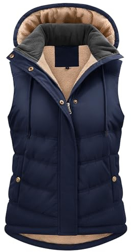 heekpek Chaleco Mujer Invierno Térmico Chaleco Acolchado Chaqueta sin Mangas Forro Polar Chaleco con Capucha Chalecos Exteriores para Mujer con Bolsillos, Azul marino, L