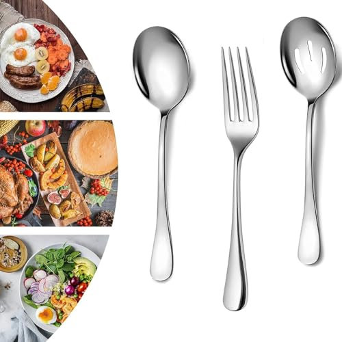 Serving Spoons, Cutlery Set, 3 Pieces Stainless Steel Soup Spoons Set, Serving Spoons, Slotted Spoons, Serving Fork, Table Spoons for Buffet Party Banquet Cooking Kitchen Utensils